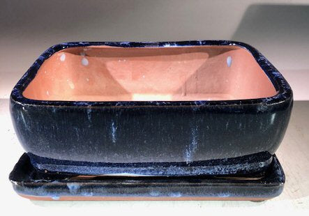 Eimei Oval Bonsai Pot in Blue with Purple crystals 7.4 (19cm) +++